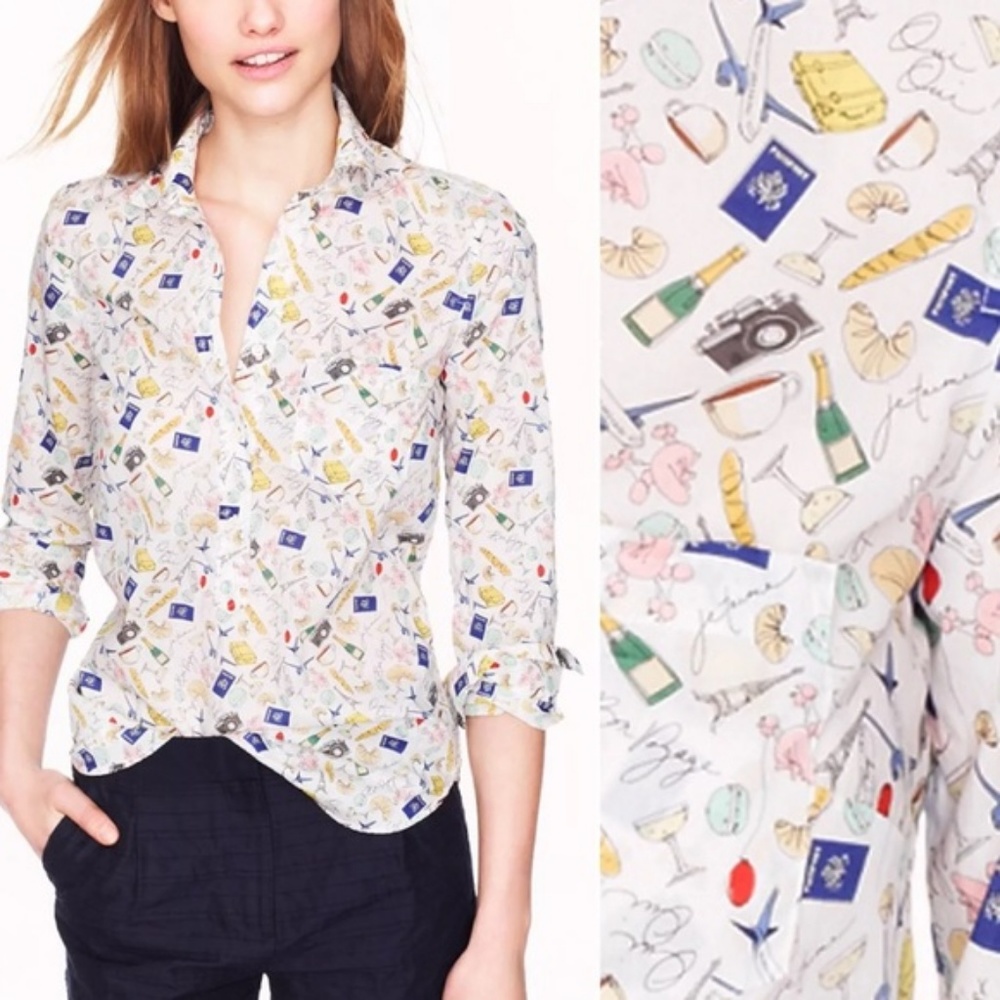 J Crew Paris French Print White Button Down Top 4